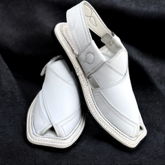 Double Sole Takidar Chappal White - Pure Leather Handmade Peshawari chappal