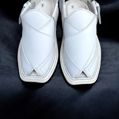 Double Sole Takidar Chappal White - Pure Leather Handmade Peshawari chappal