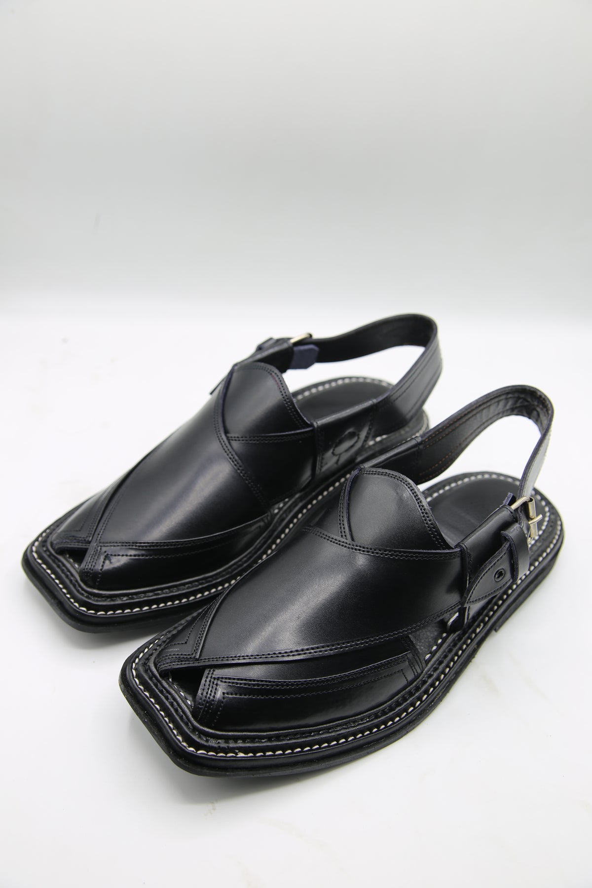 Double Sole Takidar Chappal Black - Pure Leather Handmade Peshawari chappal