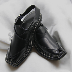 Double Sole Takidar Chappal Black - Pure Leather Handmade Peshawari chappal