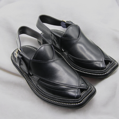 Double Sole Takidar Chappal Black - Pure Leather Handmade Peshawari chappal